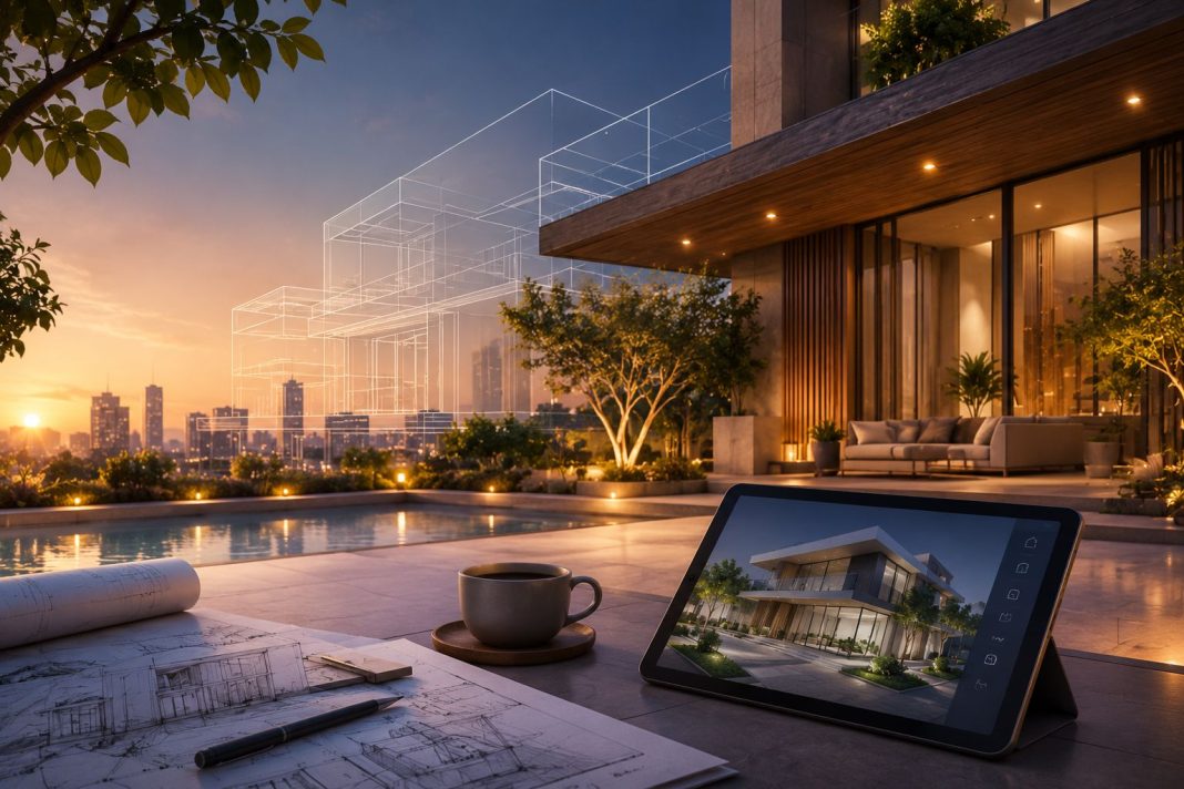 التصميم المعماري كأداة تسويقية في التطوير العقاري تصميم معماري لمشروع عقاري حديث يوضح دور العمارة في التسويق وجذب العملاء