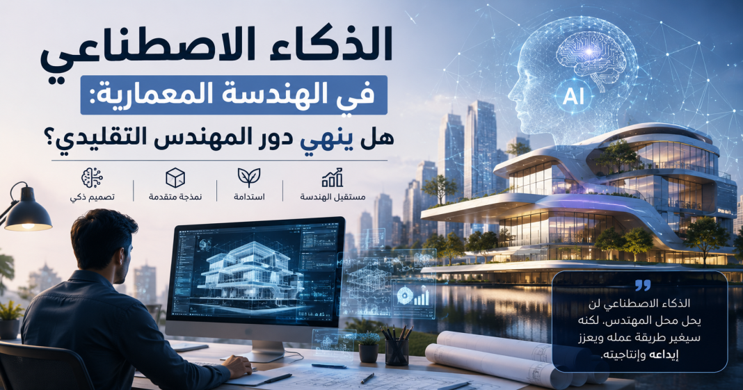 الذكاء الاصطناعي في الهندسة المعمارية: هل ينهي دور المهندس التقليدي؟ مهندس معماري يستخدم تقنيات الذكاء الاصطناعي لتصميم مدينة مستقبلية ذكية تضم مباني حديثة وتقنيات معمارية متقدمة.