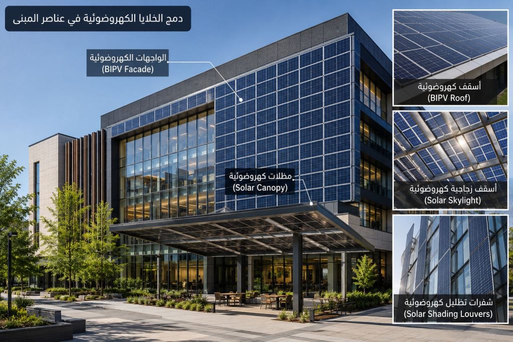 مبنى مستدام يدمج الخلايا الكهروضوئية في الواجهات والأسقف والمظلات