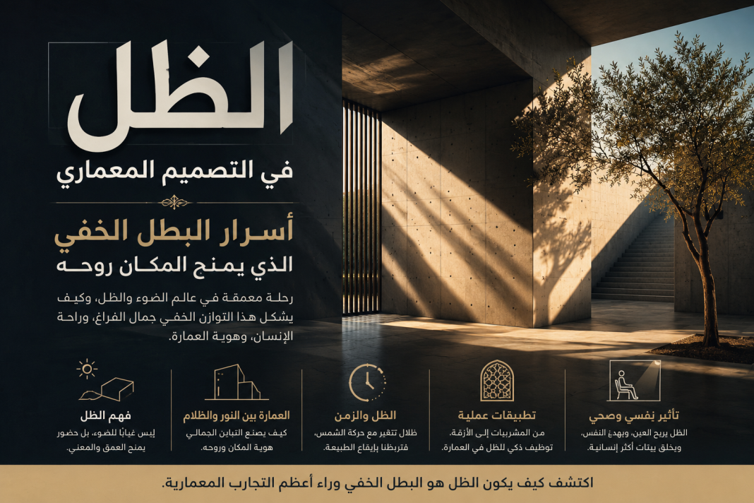 الظل في التصميم المعماري غلاف لمقال عن أهمية الظل في التصميم المعماري، يُظهر مبنى حديثًا تتفاعل فيه أشعة الشمس مع الظلال الهندسية لإبراز جمال الفراغات المعمارية.