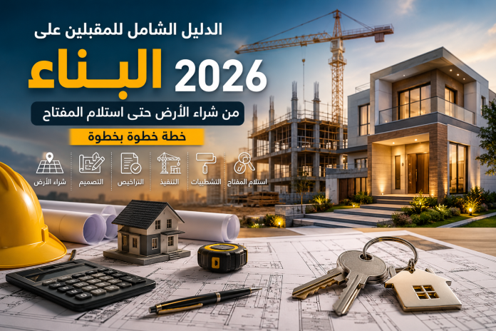 غلاف توضيحي لمقال عن خطوات بناء منزل في عام 2026، يُظهر مخططات هندسية وموقع بناء وفيلا حديثة ومفتاح منزل، ويشرح رحلة البناء من شراء الأرض حتى استلام المفتاح.