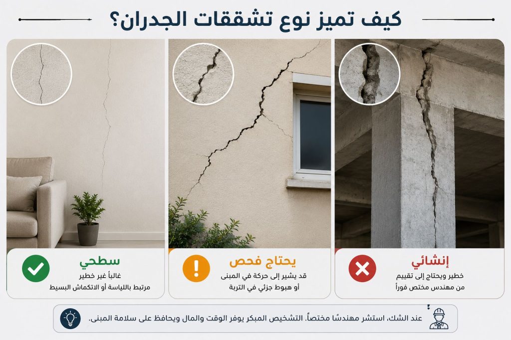 مقارنة بين تشققات الجدران السطحية والتشققات التي تحتاج إلى فحص والتشققات الإنشائية