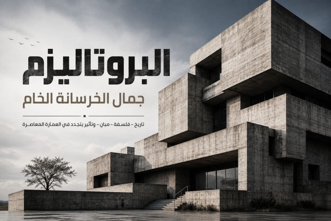 عمارة بروتاليستية حديثة من الخرسانة الخام بتكوينات هندسية قوية