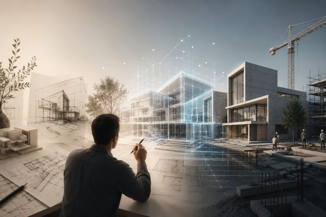 مهندس معماري يستخدم الذكاء الاصطناعي لتطوير تصميم معماري من الفكرة الأولية إلى نموذج رقمي ومبنى قيد التنفيذ