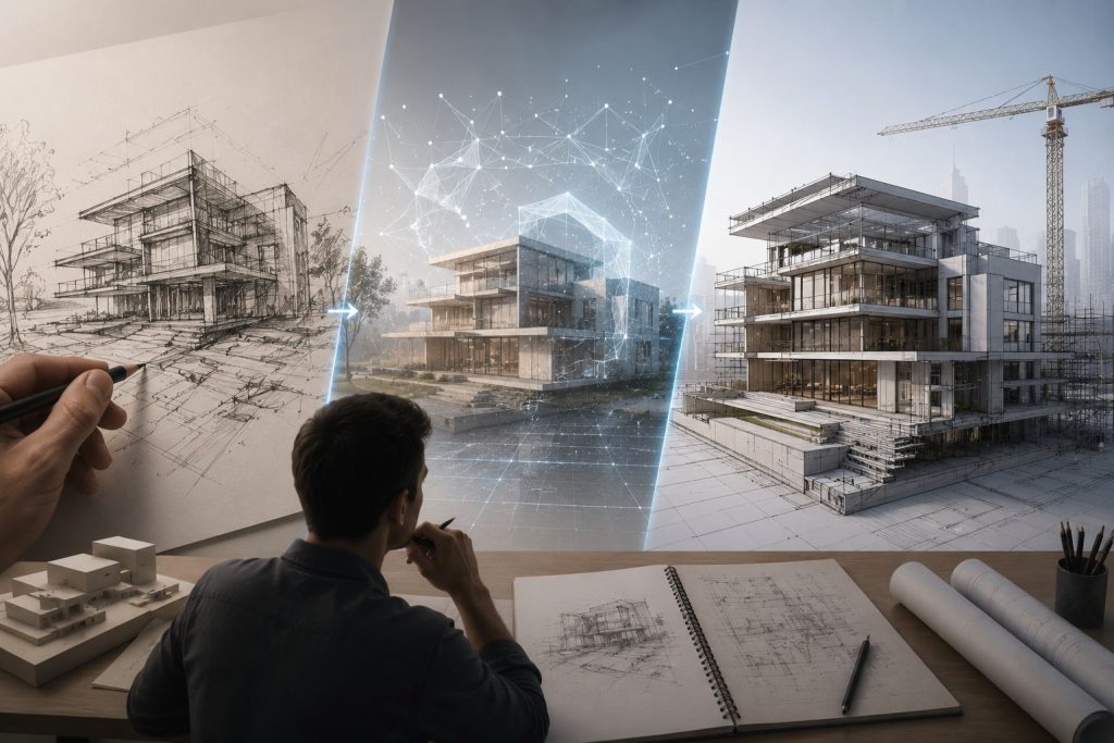 مراحل تطور التصميم المعماري من الرسم اليدوي إلى التصور بالذكاء الاصطناعي والنموذج الرقمي للمبنى.
