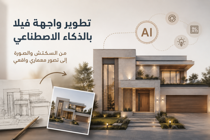 واجهة فيلا حديثة تتحول من سكتش معماري إلى تصور واقعي باستخدام الذكاء الاصطناعي.