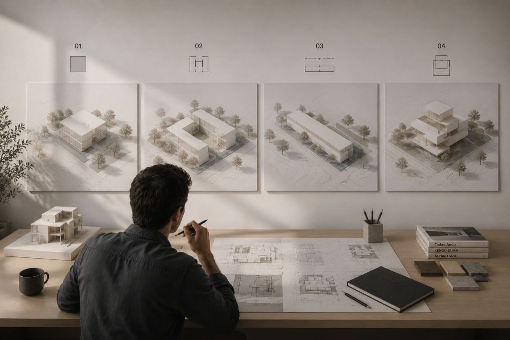 معماري يقارن بين عدة بدائل لتكوين كتلة مبنى وتوزيع الفراغات باستخدام الذكاء الاصطناعي.
