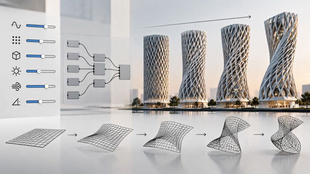شرح فكرة التصميم البارامتري باستخدام المتغيرات والقواعد