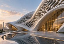 التصميم البارامتري في العمارة: كيف تصنع المعادلات أشكال المباني؟ مبنى حديث بتصميم بارامتري يعتمد على أشكال هندسية وخوارزميات معقدة