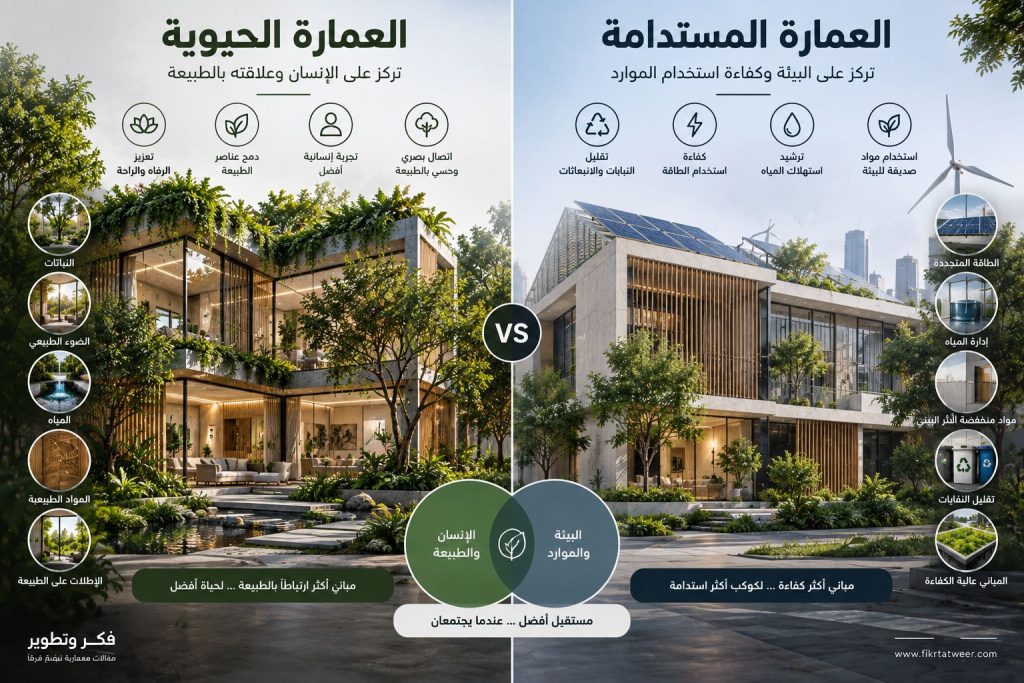 توضيح الفرق بين التصميم المعماري في العماره المستدامه والعمارة الحيويه