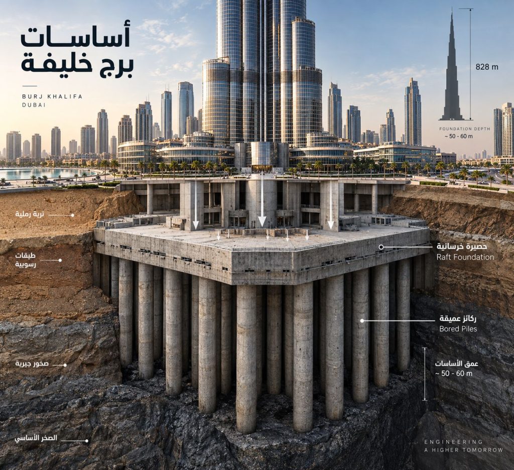 أساسات برج خليفة والحصيرة الخرسانية والركائز العميقة