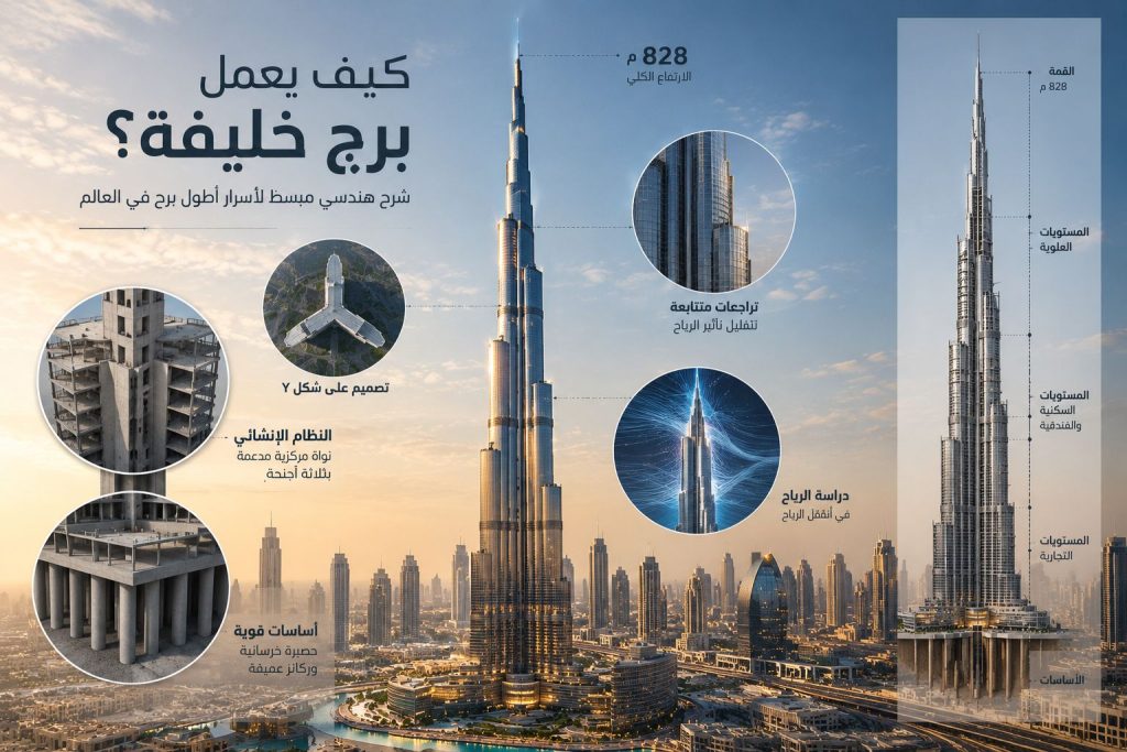 كيف يعمل برج خليفة والنظام الإنشائي ومقاومة الرياح والأساسات
