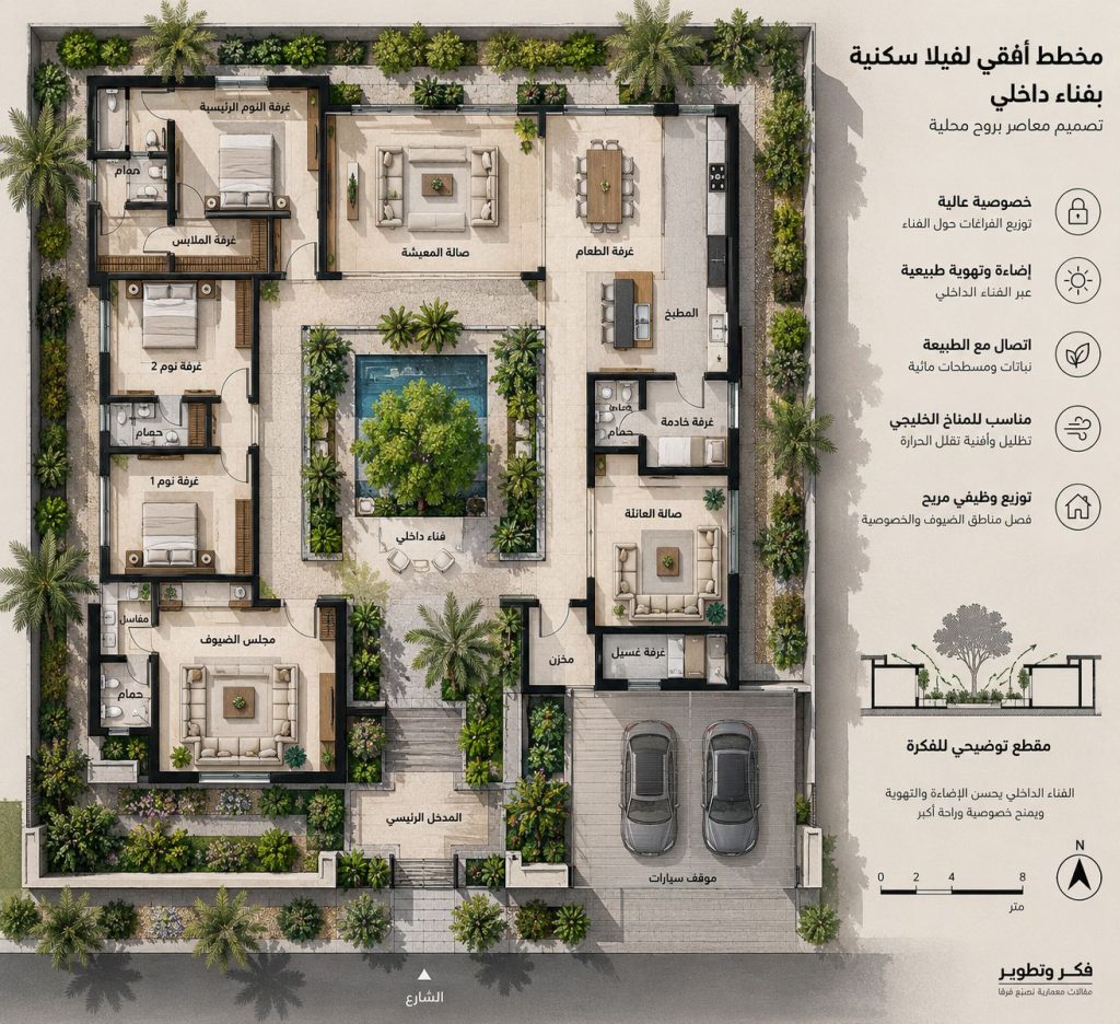 مثال على مسقط أفقي لفيلا خليجية معاصرة يتوسطها فناء داخلي يجمع بين الإضاءة الطبيعية والخصوصية والاتصال بالطبيعة